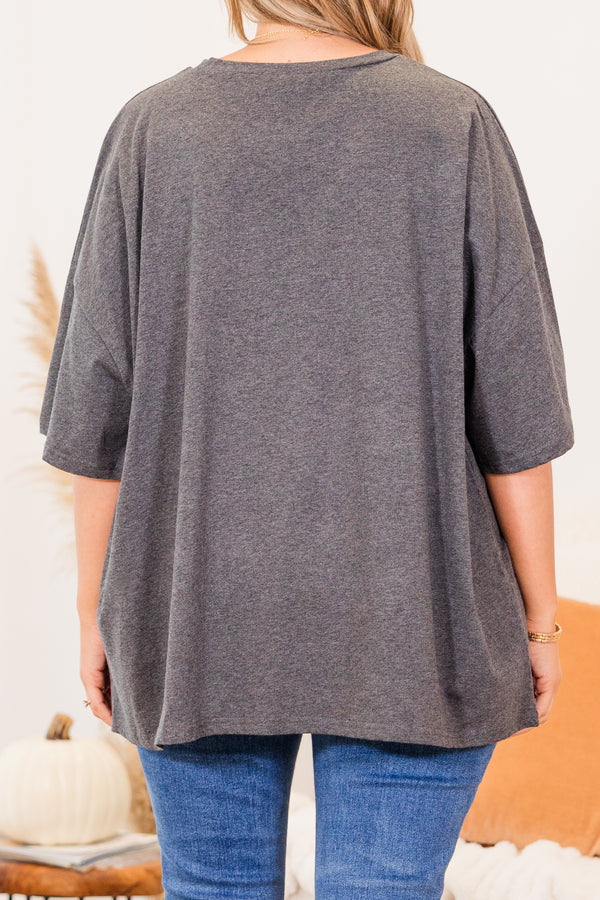 Chic Soul plus size clothing, charcoal gray short sleeve boyfriend tee with 