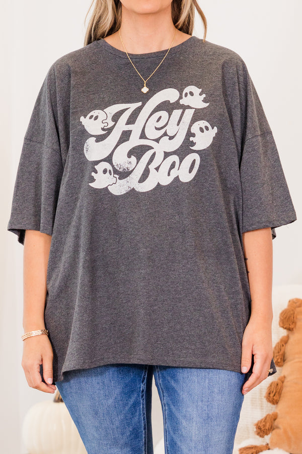 Chic Soul plus size clothing, charcoal gray short sleeve boyfriend tee with 