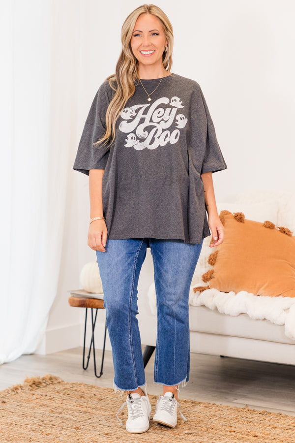 Chic Soul plus size clothing, charcoal gray short sleeve boyfriend tee with 