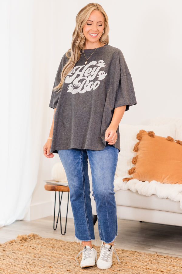 Chic Soul plus size clothing, charcoal gray short sleeve boyfriend tee with 
