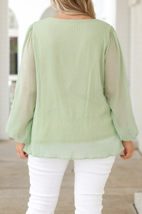 Chic Soul plus size clothing, sage green textured top with ruffles and bubble sleeves
