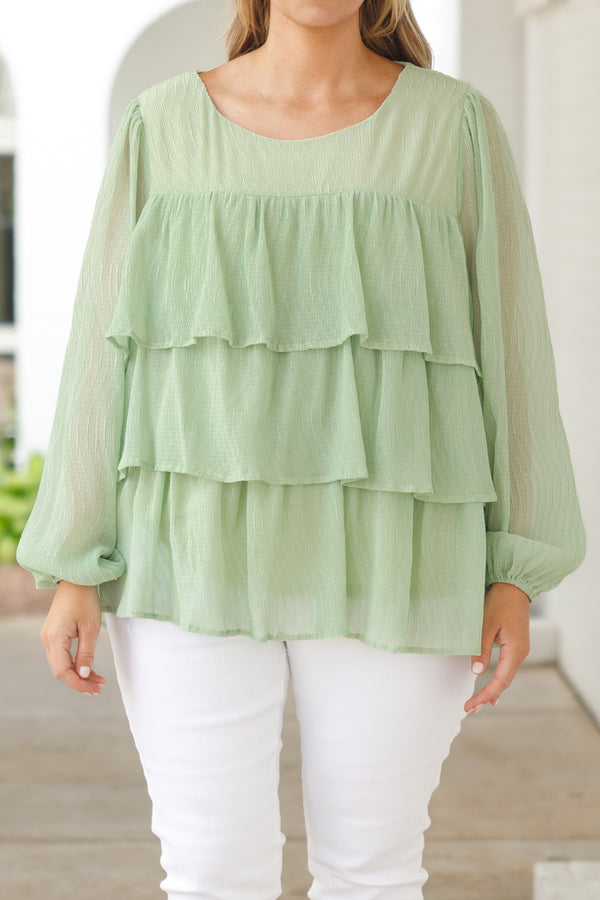 Chic Soul plus size clothing, sage green textured top with ruffles and bubble sleeves
