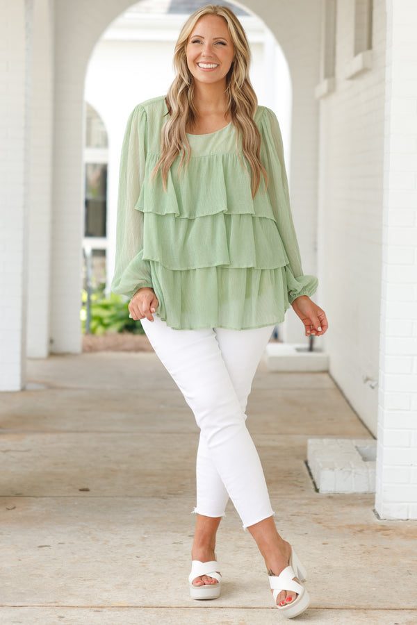 Chic Soul plus size clothing, sage green textured top with ruffles and bubble sleeves