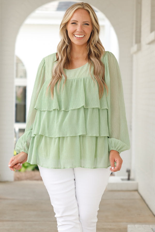 Chic Soul plus size clothing, sage green textured top with ruffles and bubble sleeves