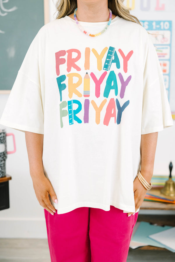 Plus size ivory boyfriend tee with colorful FRIYAY graphics, oversized fit, and 100% cotton fabric.