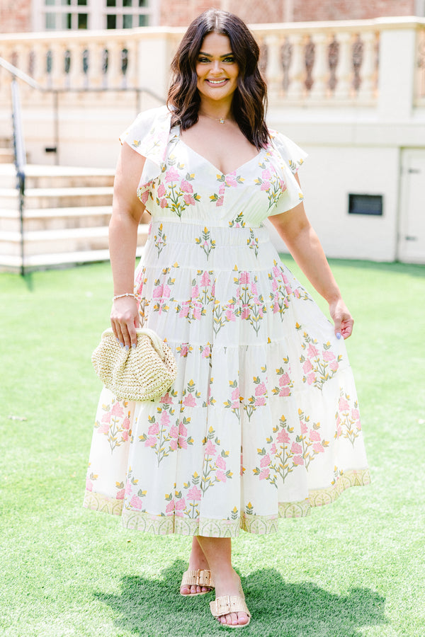 Chic Soul plus size clothing, cream flutter sleeve midi dress with light pink and golden yellow floral pattern
