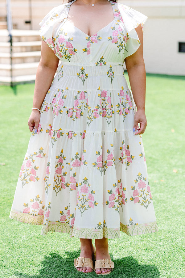 Chic Soul plus size clothing, cream flutter sleeve midi dress with light pink and golden yellow floral pattern