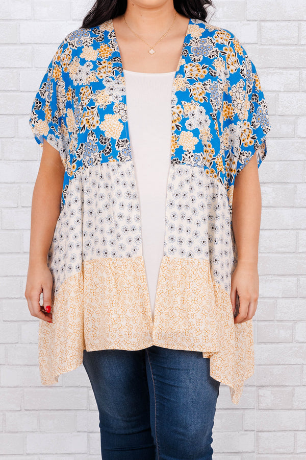 Chic Soul plus size clothing, pool blue three-tiered floral print flowy kimono with short sleeves