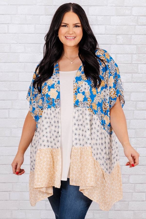 Chic Soul plus size clothing, pool blue three-tiered floral print flowy kimono with short sleeves