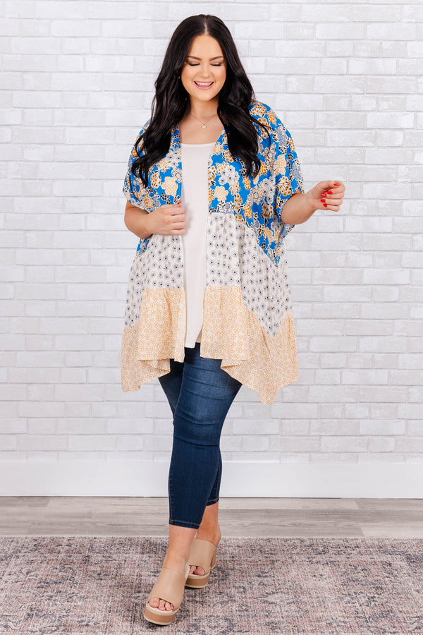 Chic Soul plus size clothing, pool blue three-tiered floral print flowy kimono with short sleeves