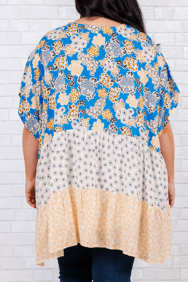 Chic Soul plus size clothing, pool blue three-tiered floral print flowy kimono with short sleeves