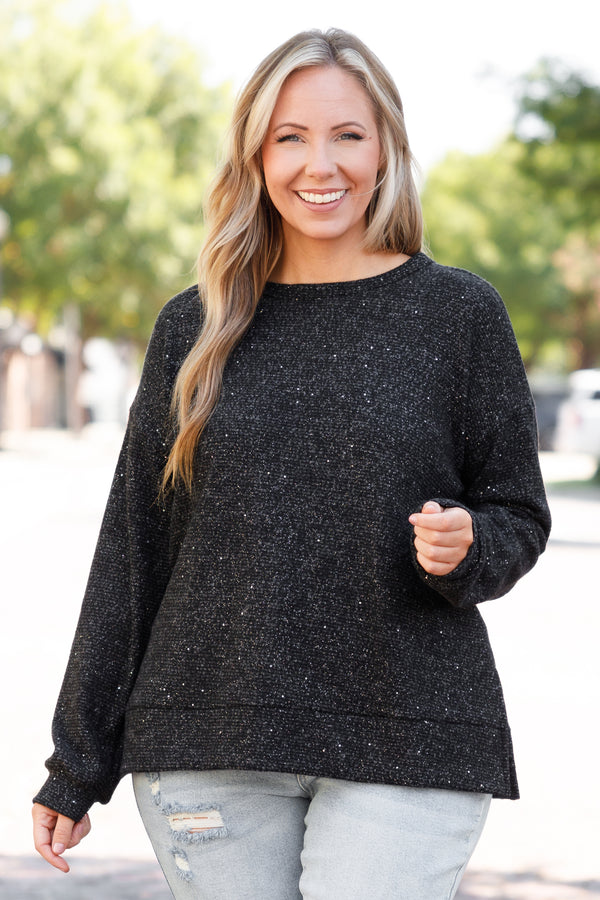 Chic Soul plus size clothing, black long sleeve top embedded with glitter
