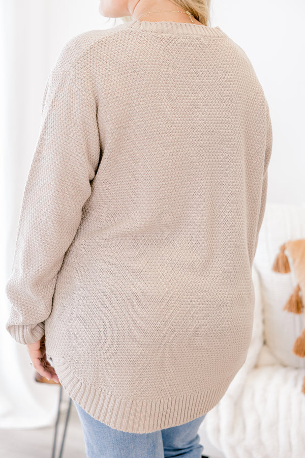 Chic Soul plus size clothing, light mocha sweater with long sleeves that have a cuff at the ends 