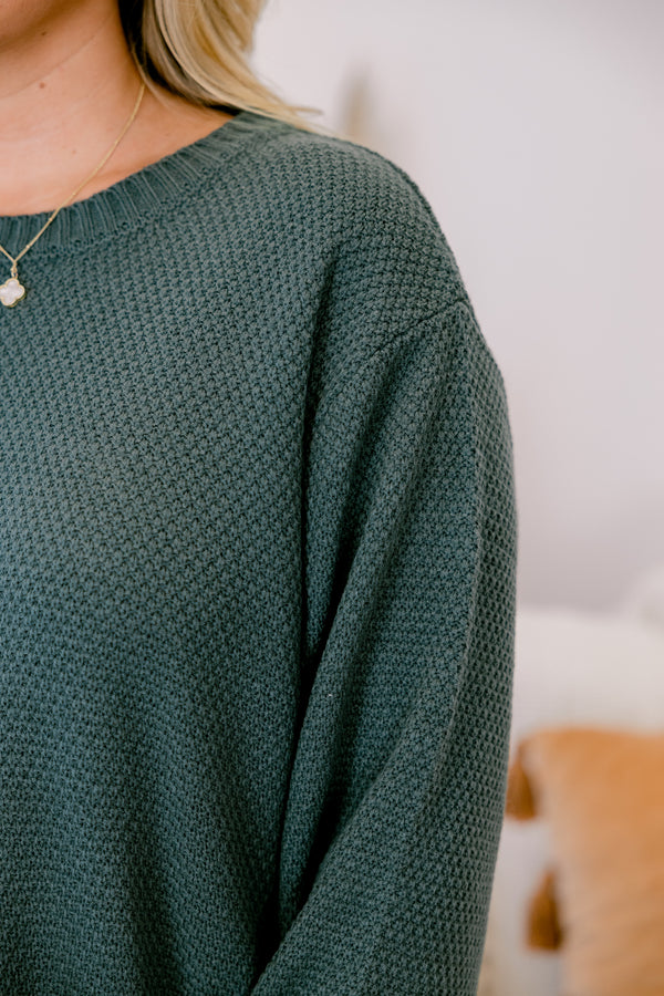 Chic Soul plus size clothing, dark green crewneck knit longsleeve sweater