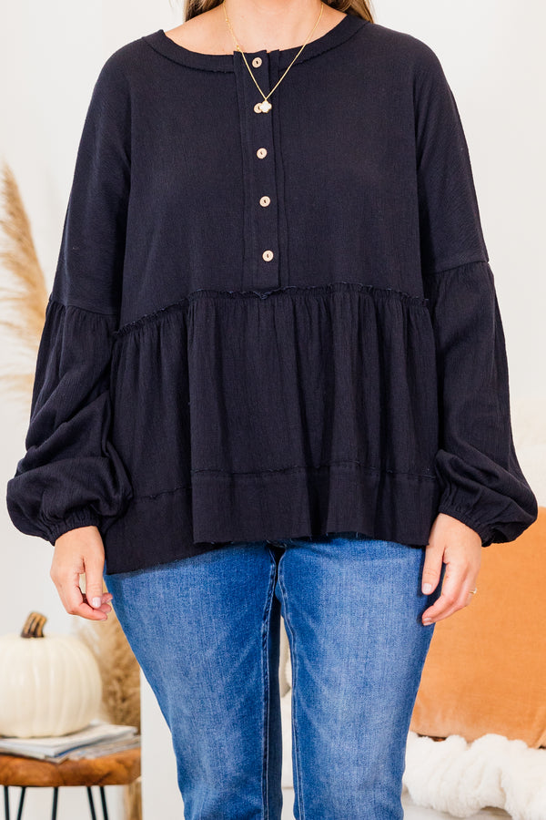 Chic Soul plus size clothing, long-balloon-sleeve black buttoned ruffled baby doll top with subtle distressed detailing and light brown buttons 
