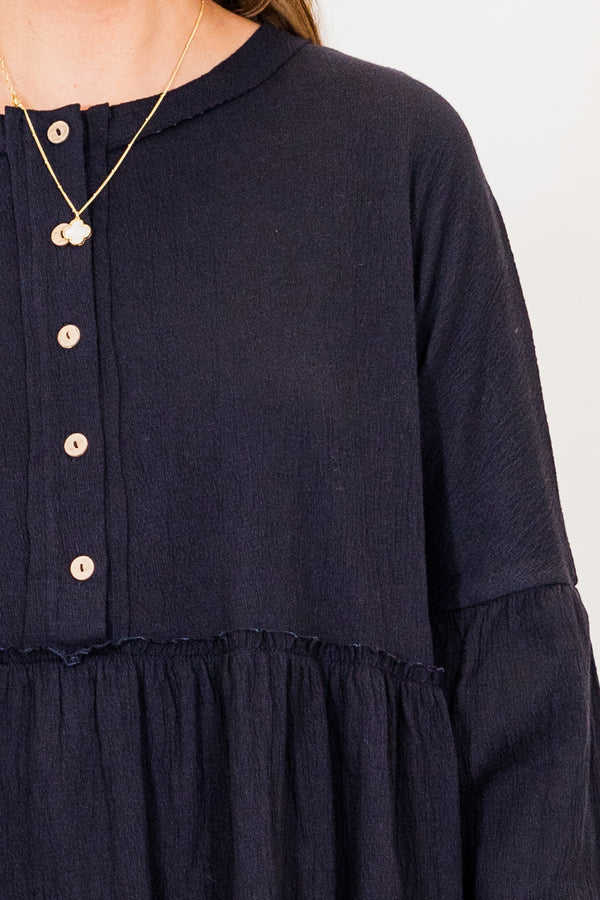 Chic Soul plus size clothing, long-balloon-sleeve black buttoned ruffled baby doll top with subtle distressed detailing and light brown buttons 
