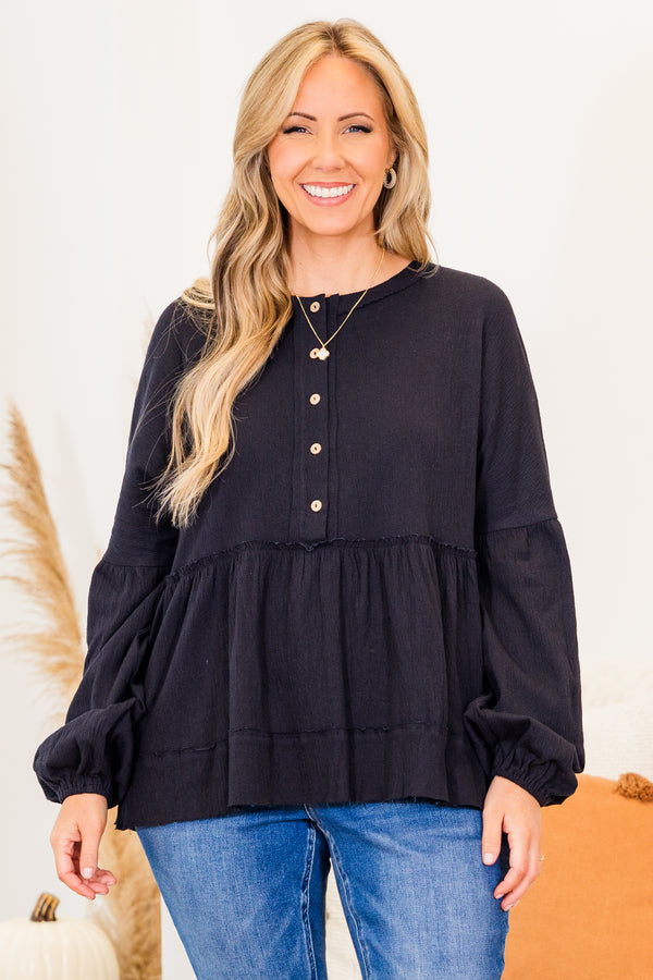 Chic Soul plus size clothing, long-balloon-sleeve black buttoned ruffled baby doll top with subtle distressed detailing and light brown buttons 
