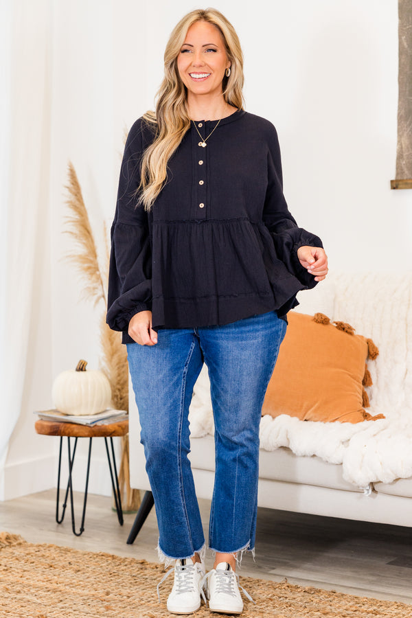Chic Soul plus size clothing, long-balloon-sleeve black buttoned ruffled baby doll top with subtle distressed detailing and light brown buttons 
