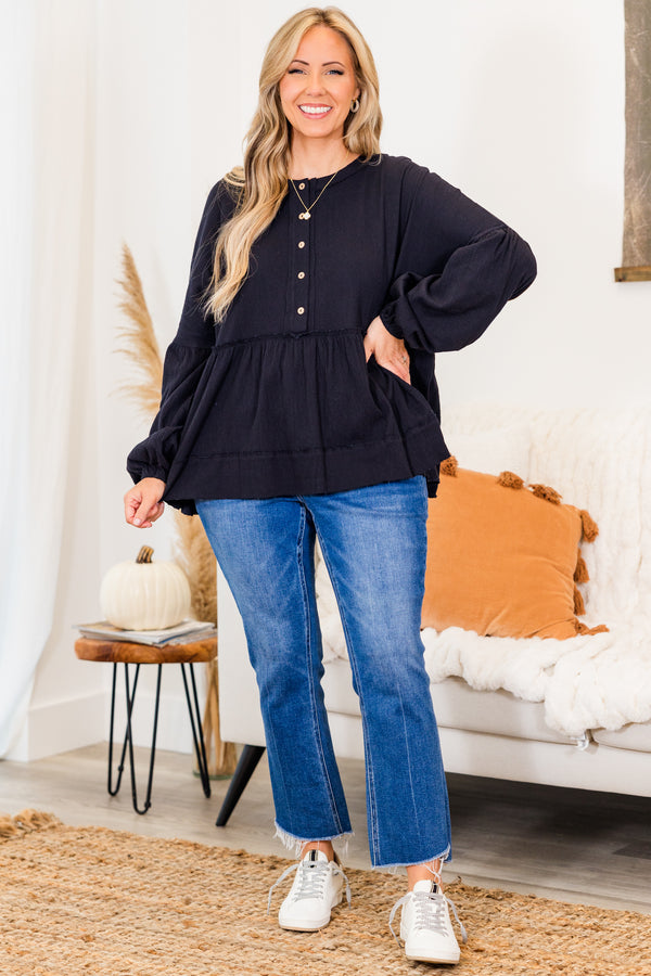 Chic Soul plus size clothing, long-balloon-sleeve black buttoned ruffled baby doll top with subtle distressed detailing and light brown buttons 
