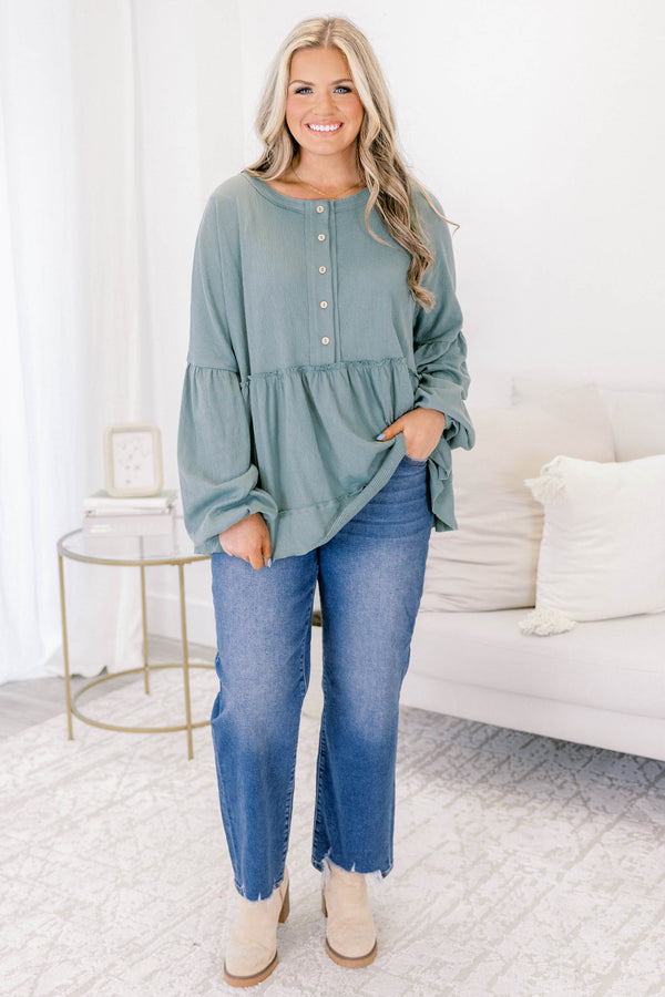 Chic Soul plus size clothing, light sage green long sleeve baby doll top with buttons half way down