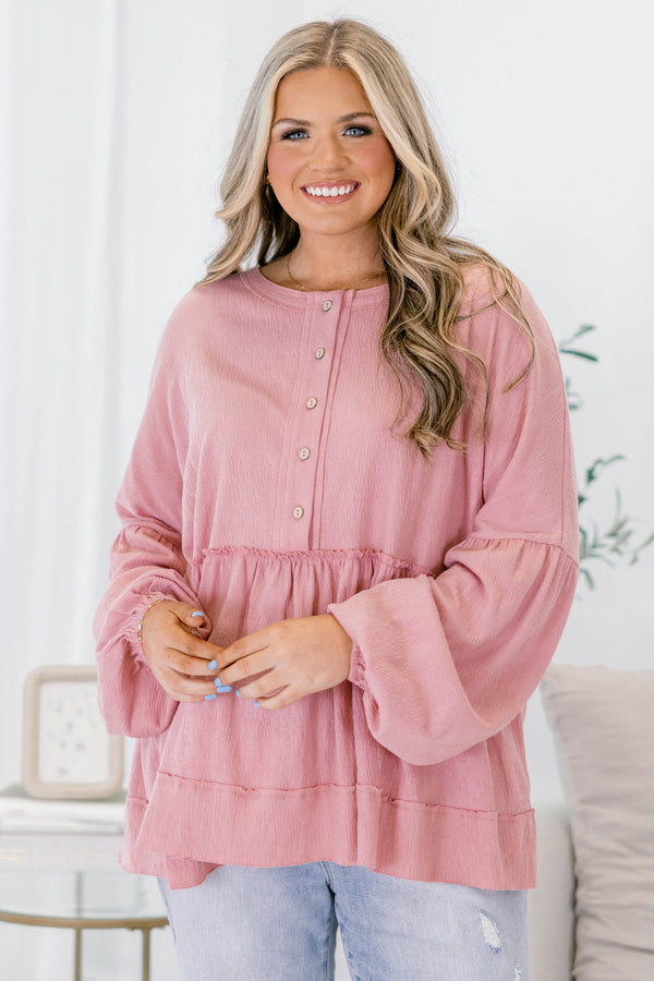 Chic Soul plus size clothing, dusty rose babydoll top with long  bubble sleeves and buttons going down to the chest on the center of the shirt 