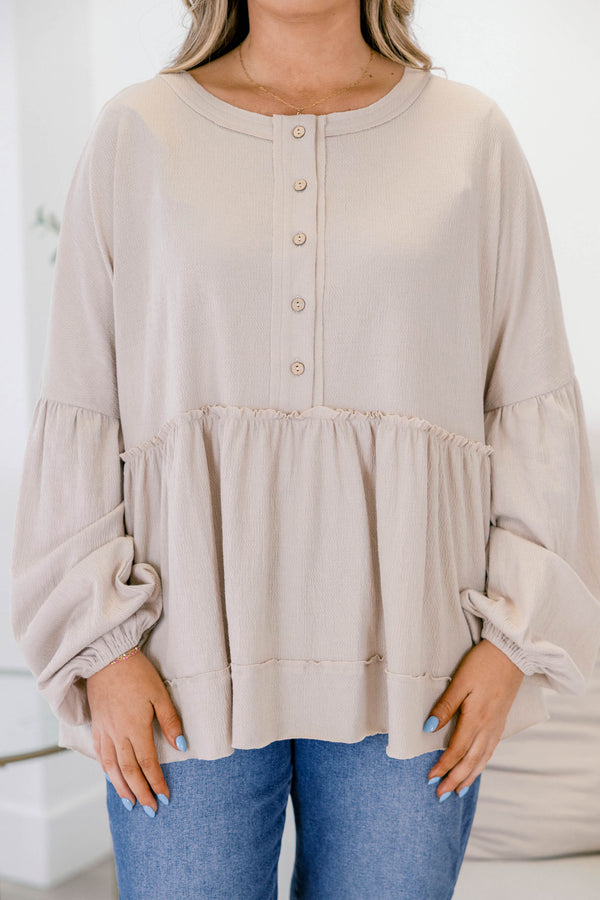 Chic Soul plus size clothing, light tan long sleeve baby doll top with buttons 1/2 way down 