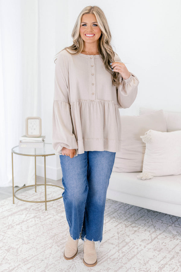 Chic Soul plus size clothing, light tan long sleeve baby doll top with buttons 1/2 way down 