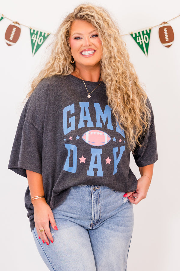 Chic Soul plus size clothing, short-sleeve charcoal boyfriend tee with ash blue graphic lettering stating 
