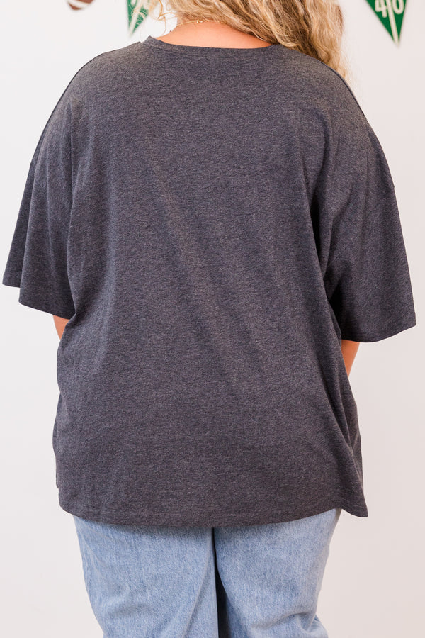 Chic Soul plus size clothing, short-sleeve charcoal boyfriend tee with ash blue graphic lettering stating 