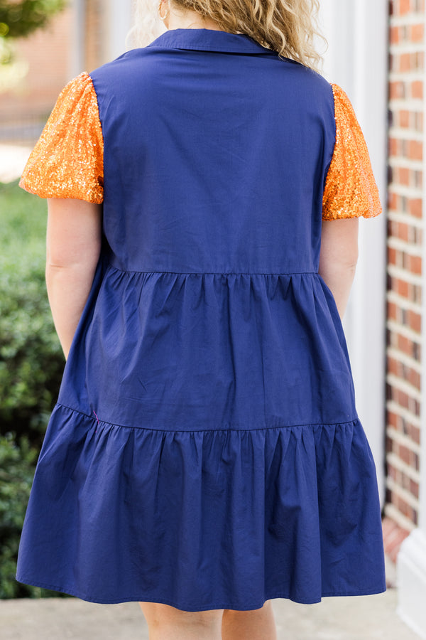 Chic Soul plus size clothing, short-sleeve collared button up ruffled navy blue dress with orange sequin puffed sleeves 