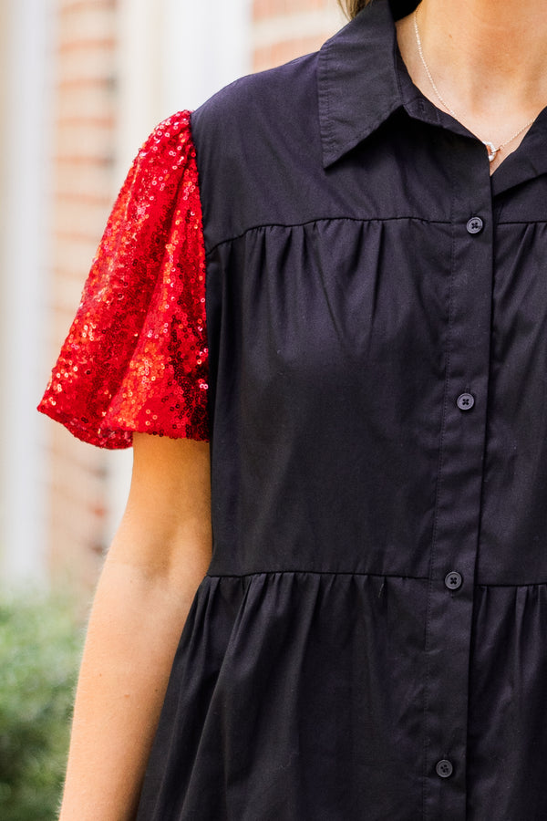 Chic Soul plus size clothing, short-sleeve black collared ruffled baby doll dress with black button detailing and red sequined puffed sleeves 