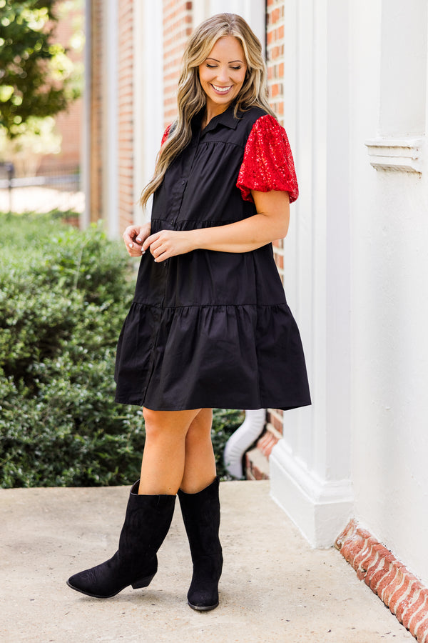 Chic Soul plus size clothing, short-sleeve black collared ruffled baby doll dress with black button detailing and red sequined puffed sleeves 
