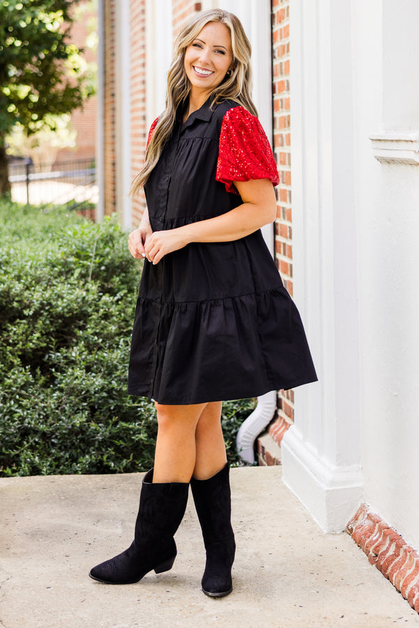 Chic Soul plus size clothing, short-sleeve black collared ruffled baby doll dress with black button detailing and red sequined puffed sleeves 