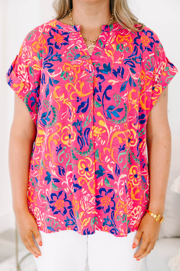 Chic Soul plus size clothing, hot pink button tab short sleeve shallow v-neck casual top with abstract navy and yellow floral pattern