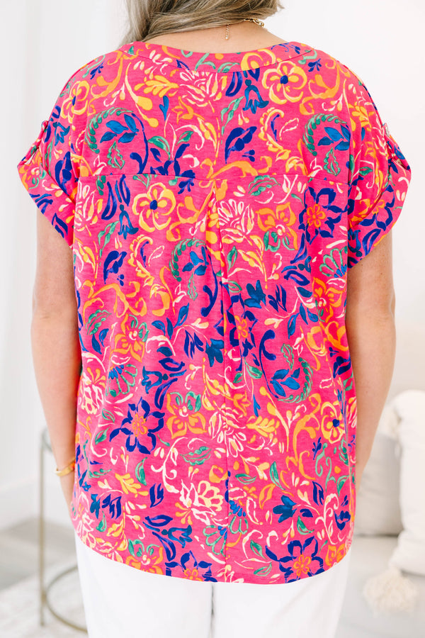 Chic Soul plus size clothing, hot pink button tab short sleeve shallow v-neck casual top with abstract navy and yellow floral pattern