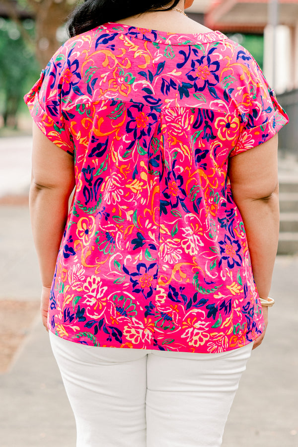 Chic Soul plus size clothing, hot pink button tab short sleeve shallow v-neck casual top with abstract navy and yellow floral pattern