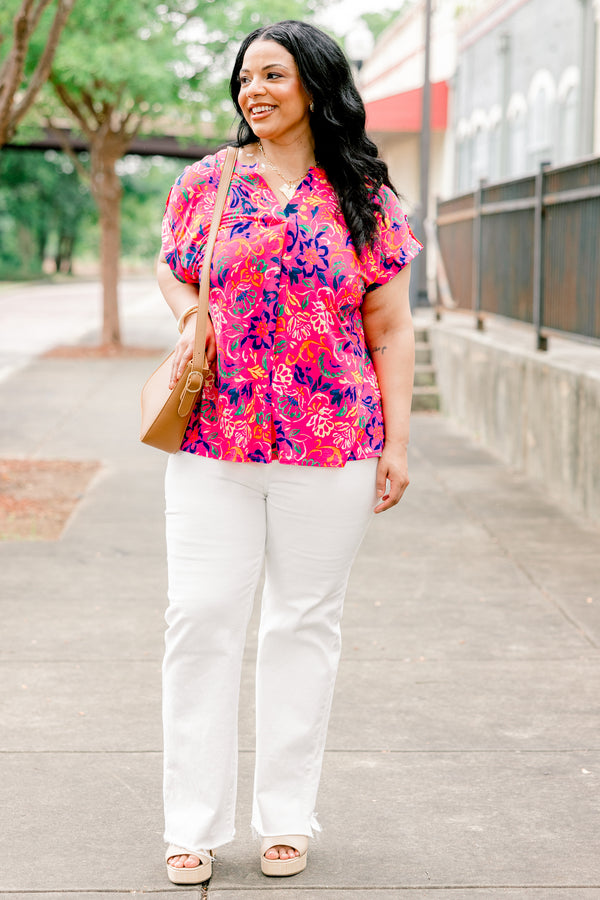 Chic Soul plus size clothing, hot pink button tab short sleeve shallow v-neck casual top with abstract navy and yellow floral pattern