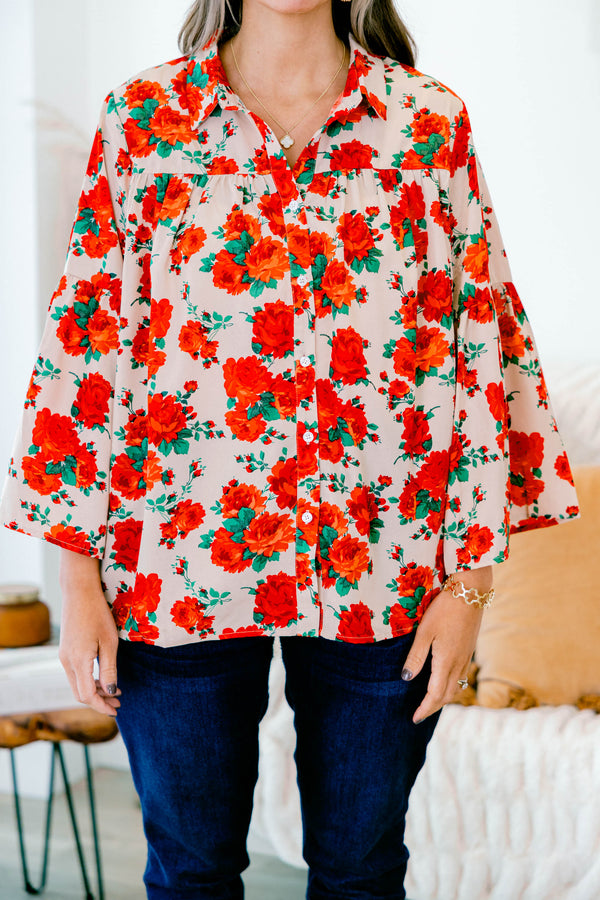 Chic Soul plus size clothing, flowy long-sleeve collared buttoned red-beige blouse with red rose floral pattern 