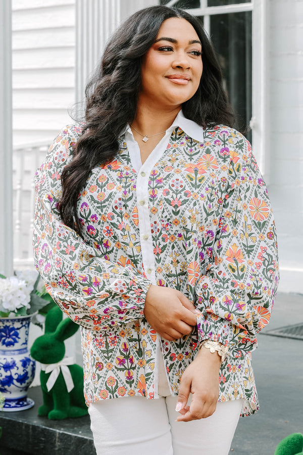 Chic Soul plus size clothing, multi colored floral pattern long sleeve button down top with cream trim along collar and buttons