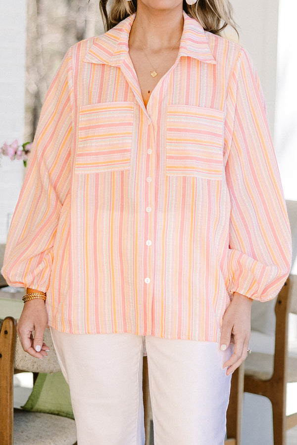 Chic Soul plus size clothing, orange and pink thin stripe button down long puff sleeve top