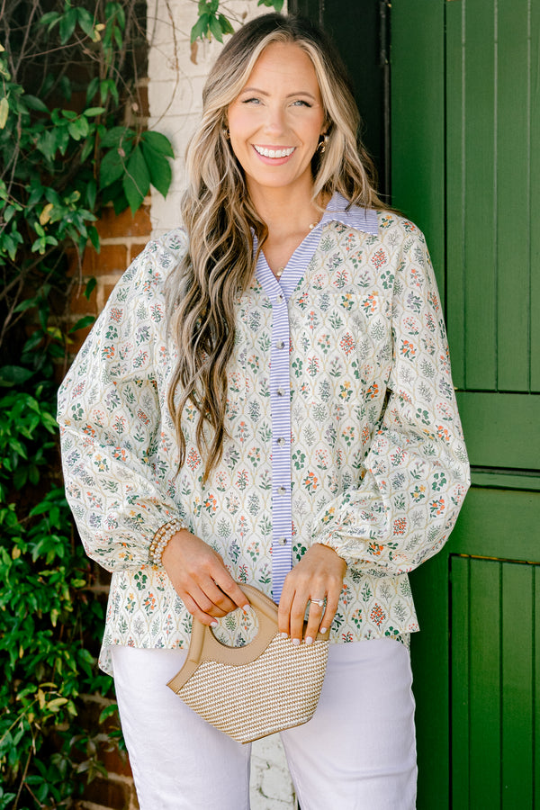 Chic Soul plus size clothing, cream colored long-puff sleeve collared button-up pocket top with leafy floral pattern and blue and white striped blocking around collar and buttons