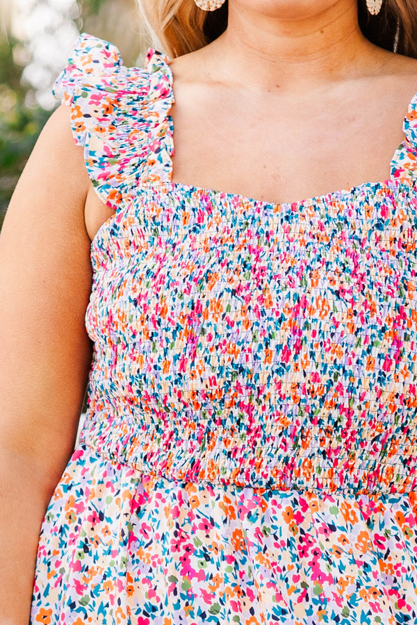Chic Soul plus size clothing, pink floral dress midi length and ruffle straps