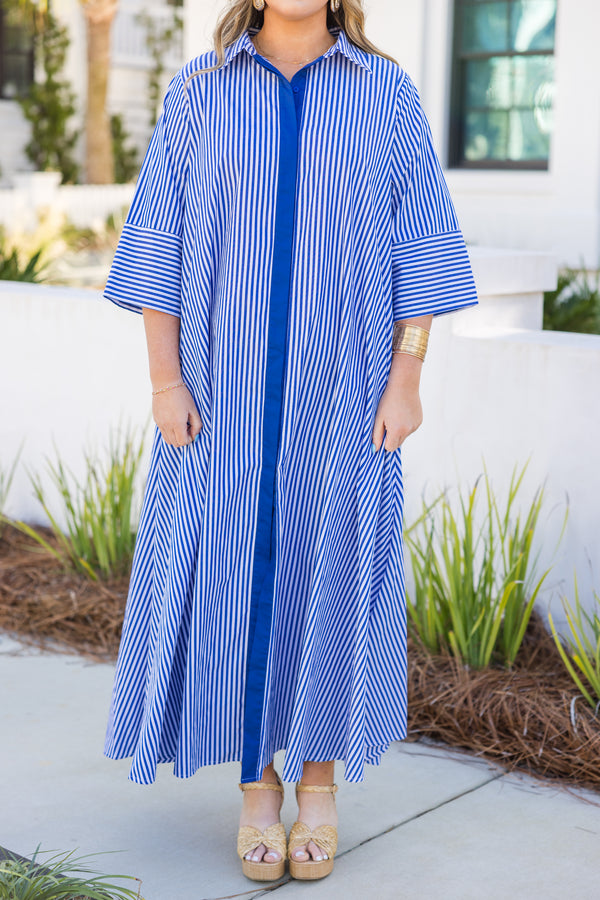 Chic Soul plus size clothing, blue and white vertical stripe maxi dress with buttons down the front, collar, and blue color block down the middle