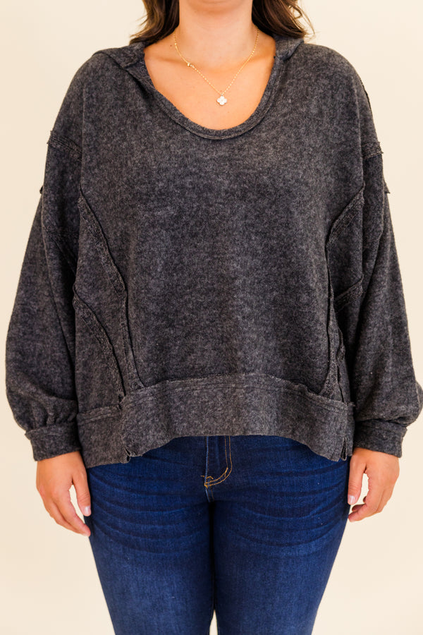 Chic Soul plus size clothing, black soft long sleeve hoodie with scoop neckline with cuff bubble sleeves and outer stitching detail
