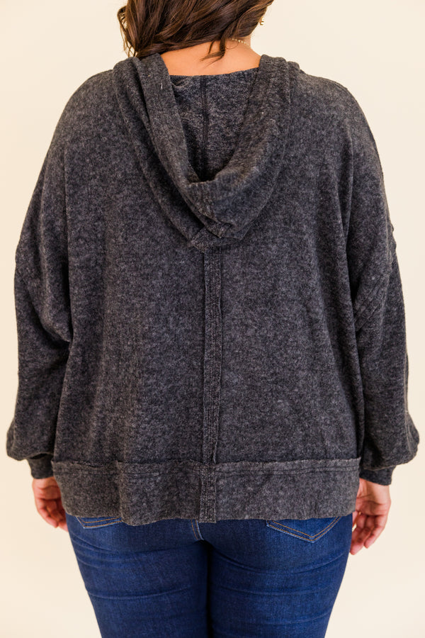 Chic Soul plus size clothing, black soft long sleeve hoodie with scoop neckline with cuff bubble sleeves and outer stitching detail
