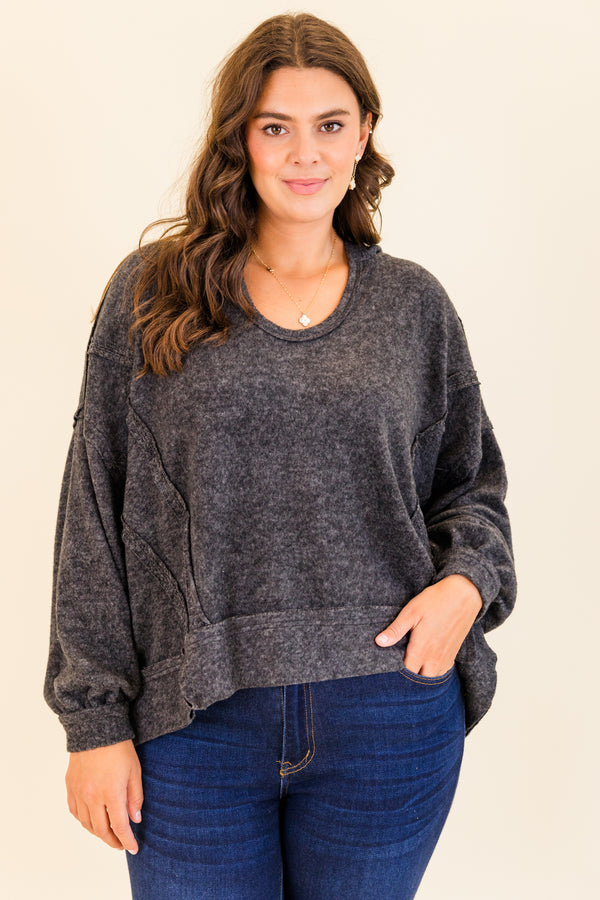 Chic Soul plus size clothing, black soft long sleeve hoodie with scoop neckline with cuff bubble sleeves and outer stitching detail
