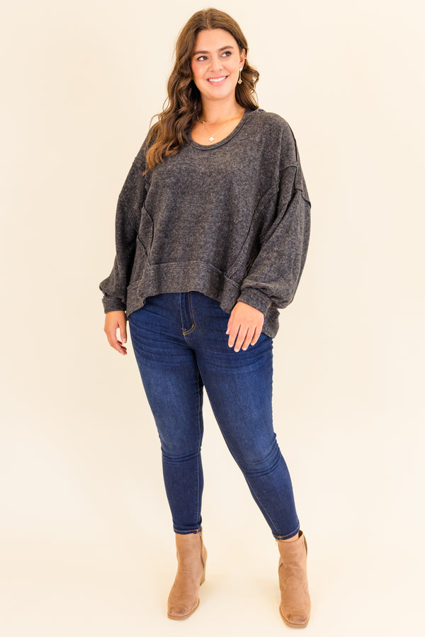 Chic Soul plus size clothing, black soft long sleeve hoodie with scoop neckline with cuff bubble sleeves and outer stitching detail
