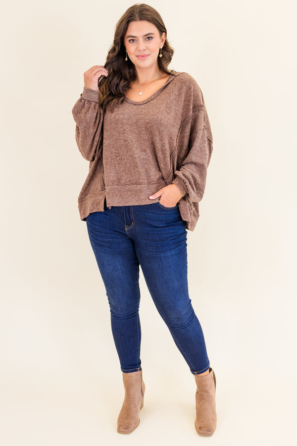 Chic Soul plus size clothing, heather beige long sleeve hoodie pullover with scoop neckline with cuff sleeves with outer stitching detail