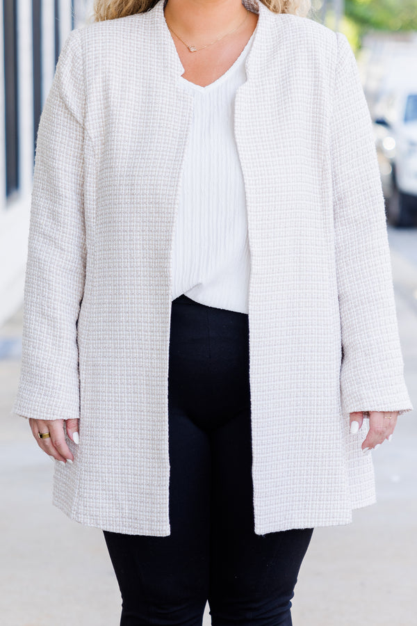 Chic Soul plus size clothing, beige fitted jacket with subtle plaid pattern 