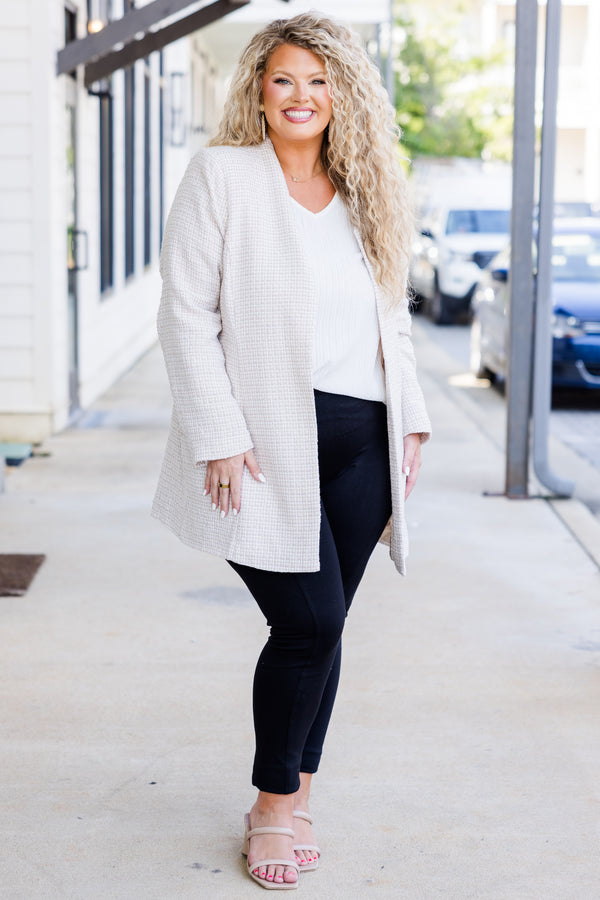 Chic Soul plus size clothing, beige fitted jacket with subtle plaid pattern 